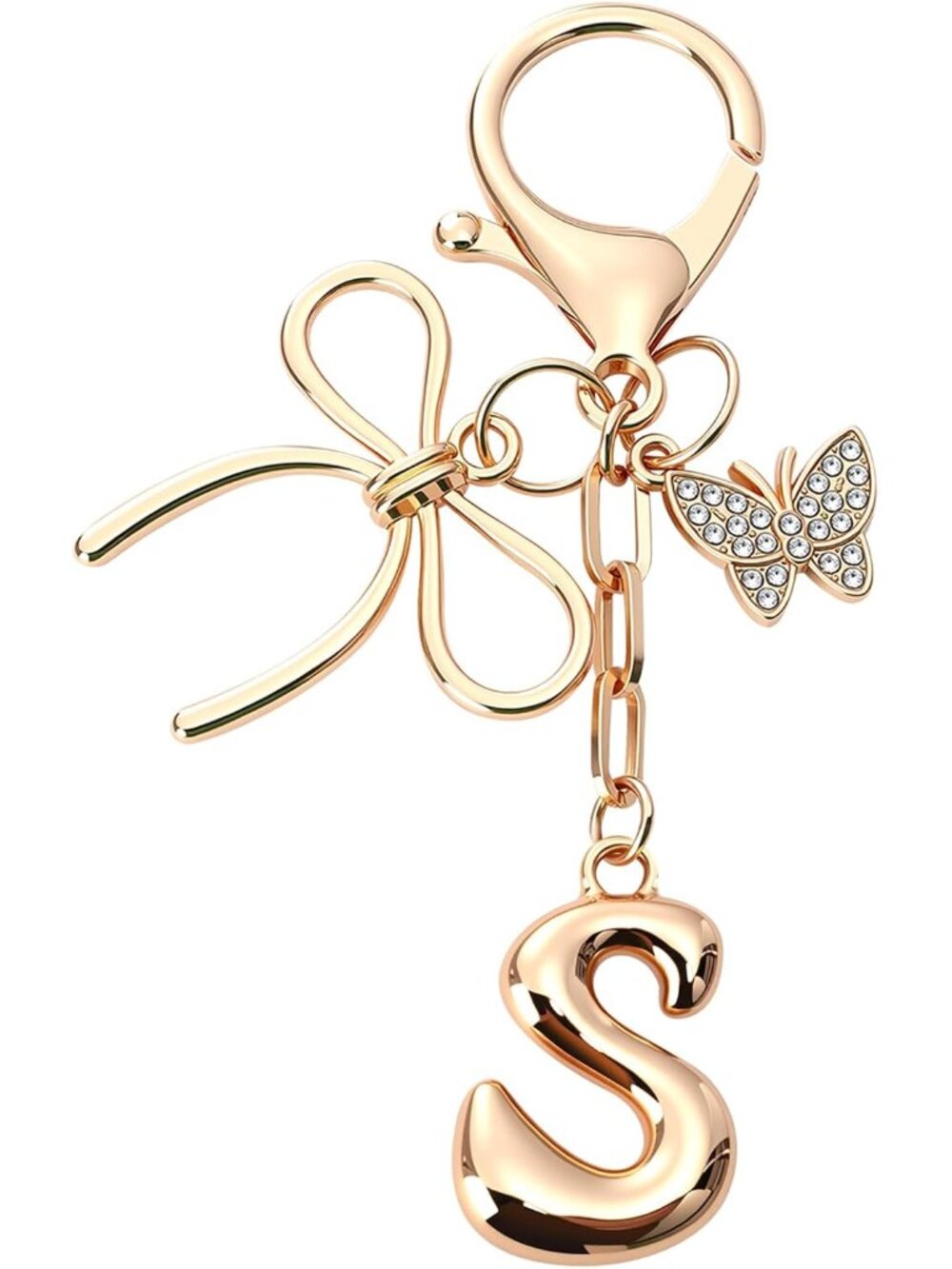 Bubble Initial Keychain with Bow & Butterfly - Gold Letter Bag Charms for Women,
